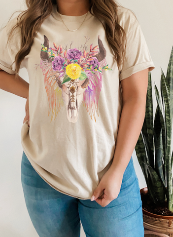 GRAPHIC TEE 438S Cow Skull with Flowers